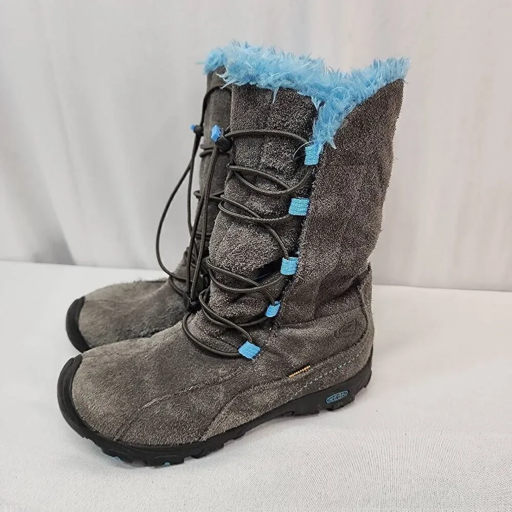 KEEN Brighton Size 4 WP Winter Boot Little Kid/Big Kid Grey Suede Blue  Faux Fur